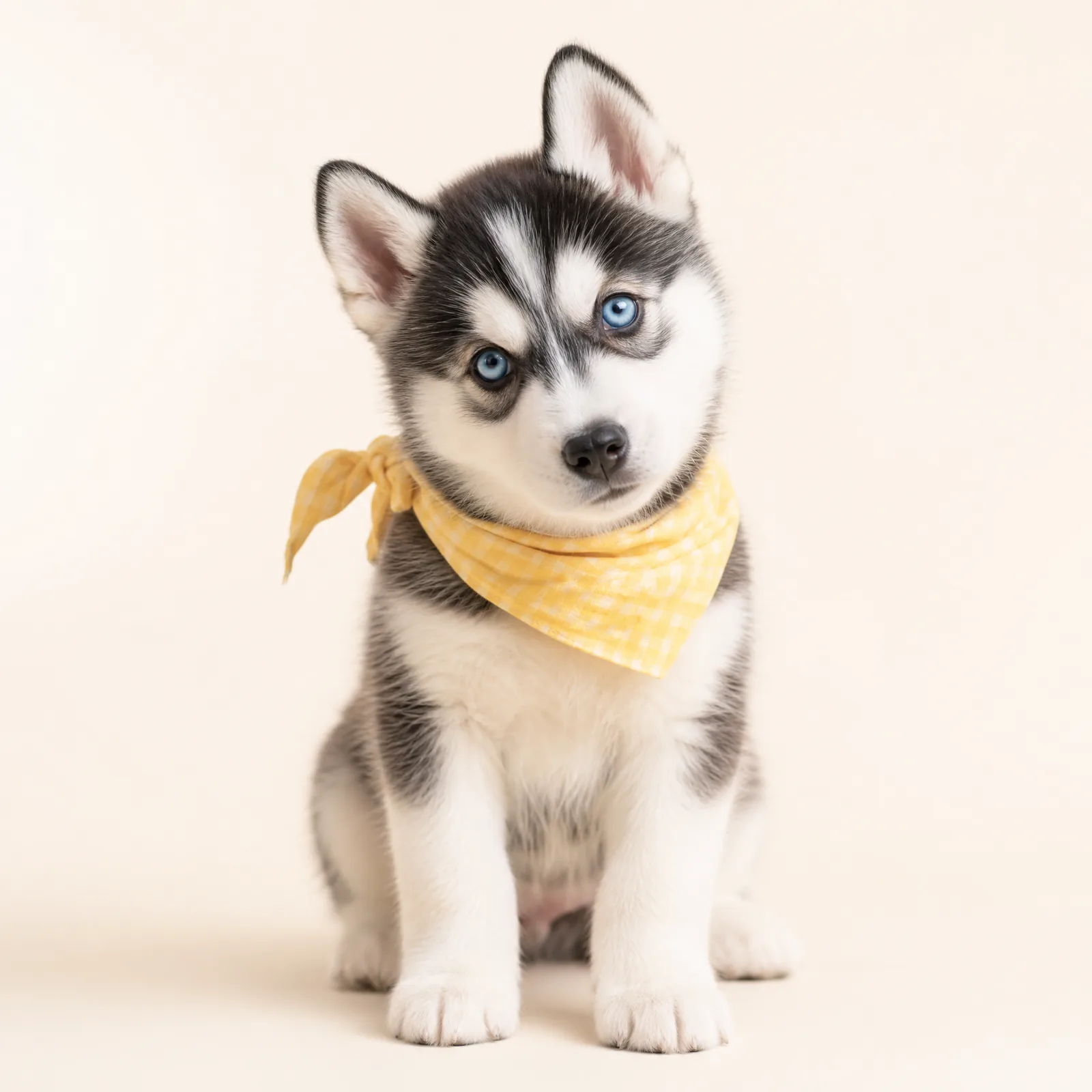 系着黄色头巾的哈士奇幼犬穿搭照